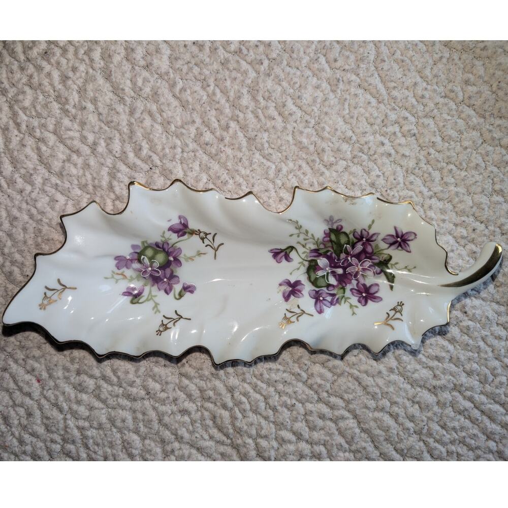 Vintage Leaf Vanity Dresser Tray Purple Flowers On Porcelain
